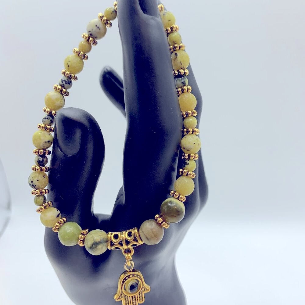 Evil Eye Hamsa Hand Charm, Green Aventurine & New Jade Bead Stretch Bracelet
